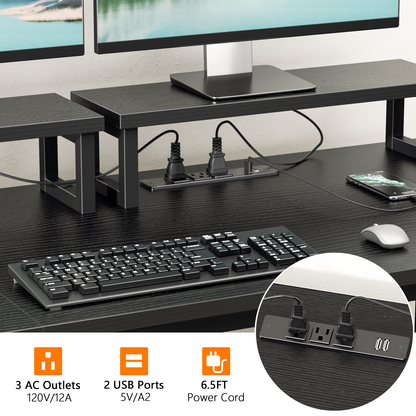 Satifur 47" Black Computer Office Desk with Drawers & Charging Station, Gaming Desk with Movable Monitor Stands, Storage Shelves & File Cabinet