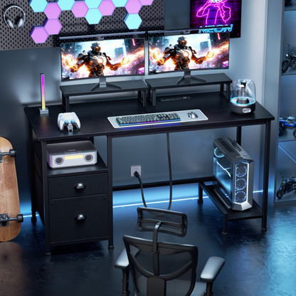 Satifur 47" Black Computer Office Desk with Drawers & Charging Station, Gaming Desk with Movable Monitor Stands, Storage Shelves & File Cabinet