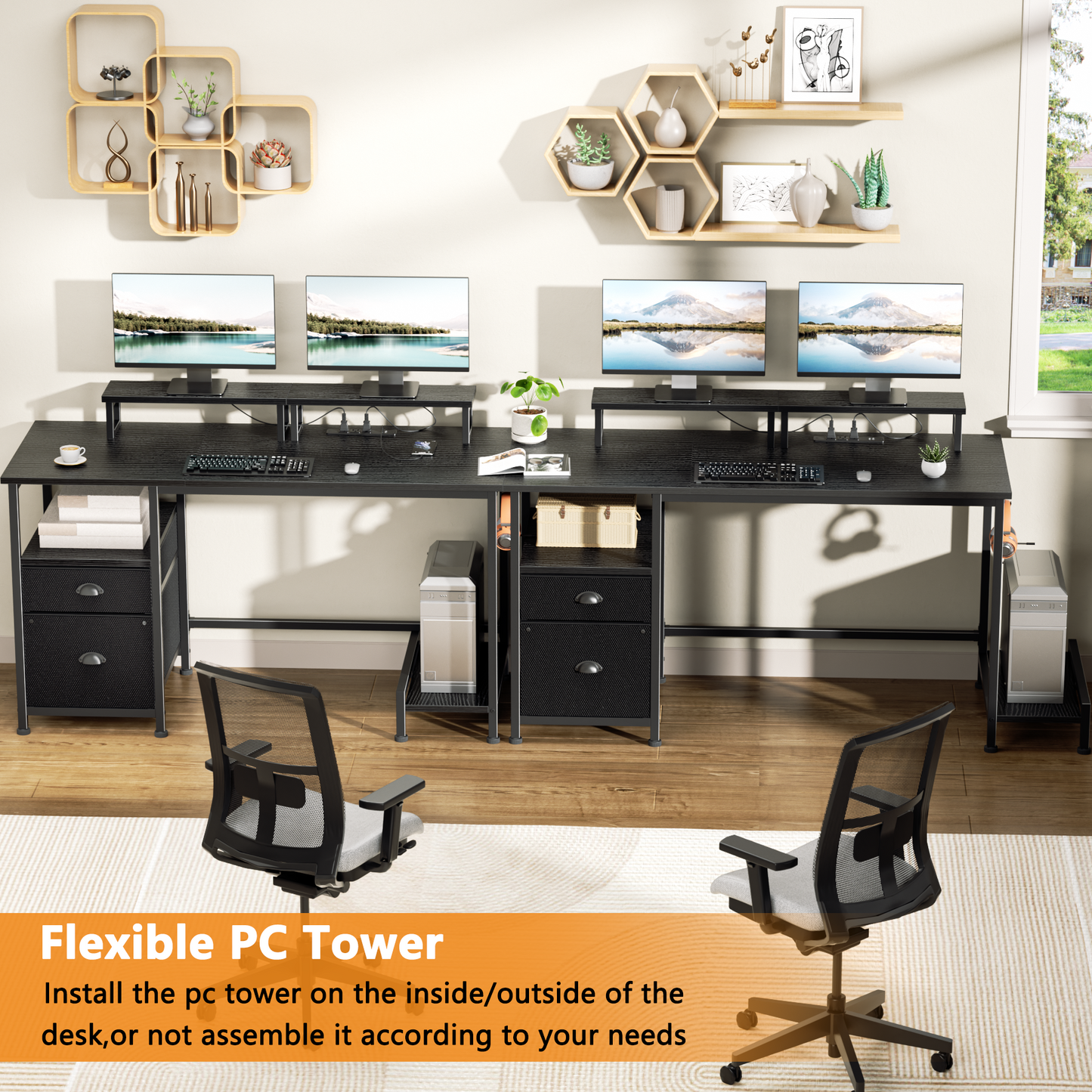 Satifur 47" Black Computer Office Desk with Drawers & Charging Station, Gaming Desk with Movable Monitor Stands, Storage Shelves & File Cabinet