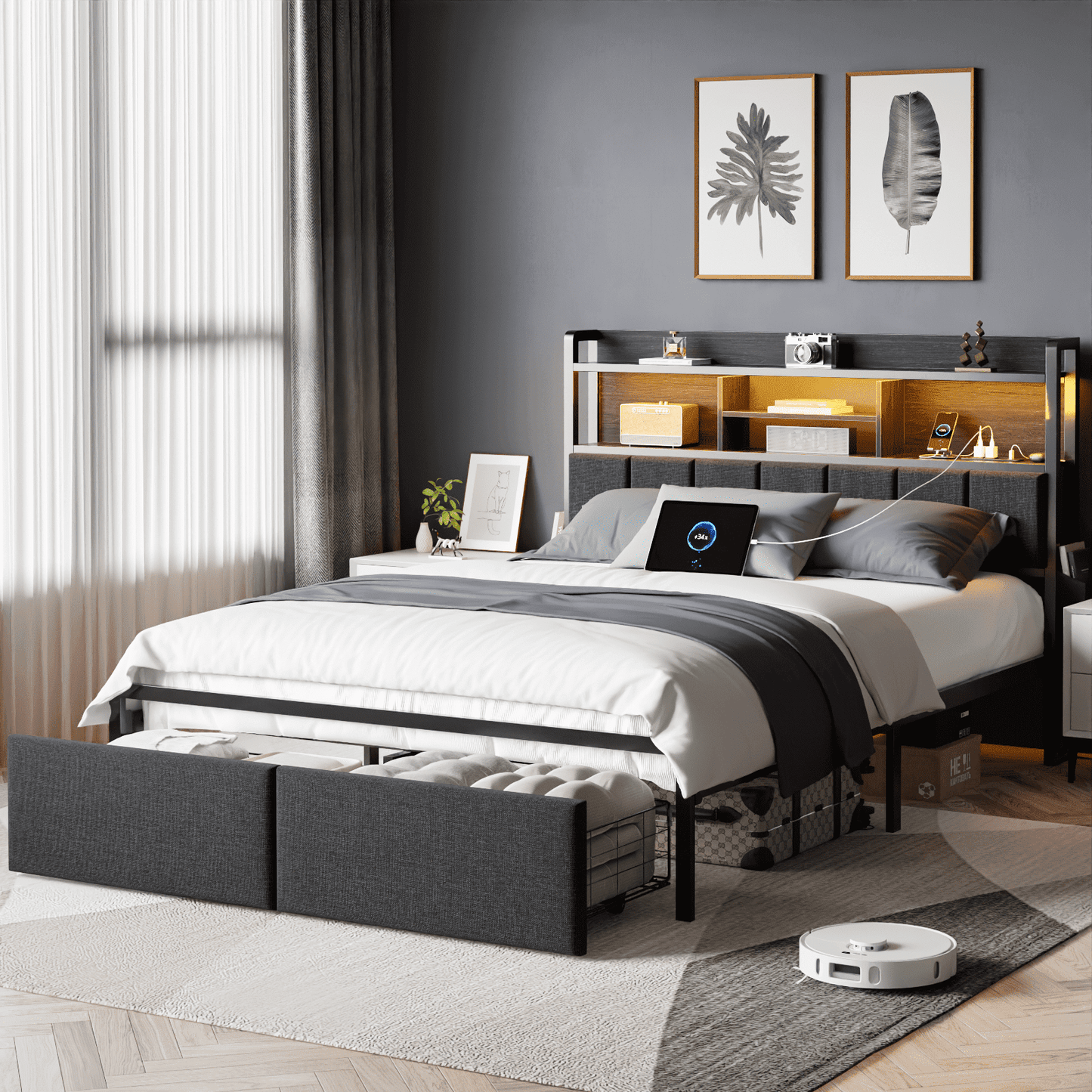 Satifur Queen Bed Frame with LED Headboard Storage Shelf & 2 Drawers, Metal Platform, Noise Free, Black