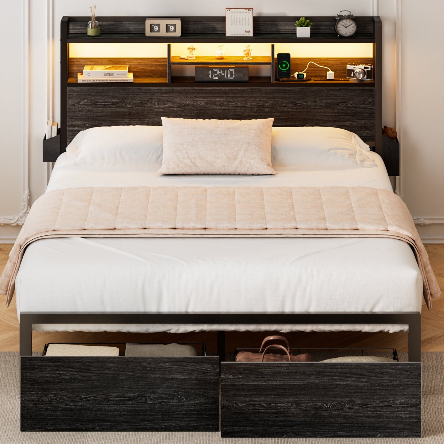 Hexmn Queen Size LED Metal Bed Frame Built-In Charging, Platforrm Storage Bed Frames Under-bed Storage and Noise Free Design