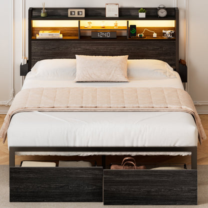 Hexmn Queen Size LED Metal Bed Frame Built-In Charging, Platforrm Storage Bed Frames Under-bed Storage and Noise Free Design