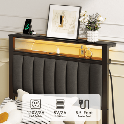 Satifur Twin LED Bed Frame with Smart RGB Lights, Headboard Charging Station, Versatile Storage Solution, Comfortable Upholstered Backrest, No Box Spring Needed