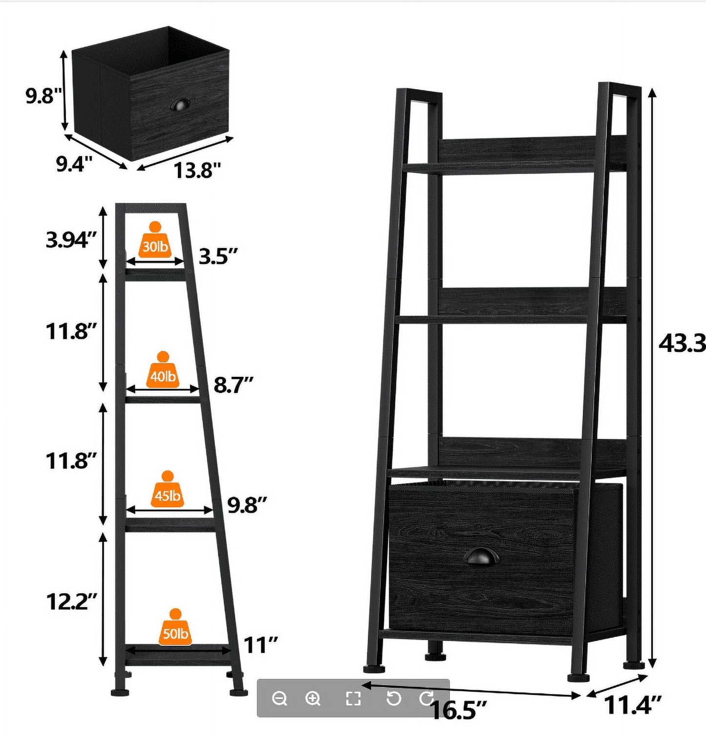 Tydimor 4-Tier Ladder Bookshelf With Drawer, Leaning Bookcase Storage Display Shelf, Black Oak