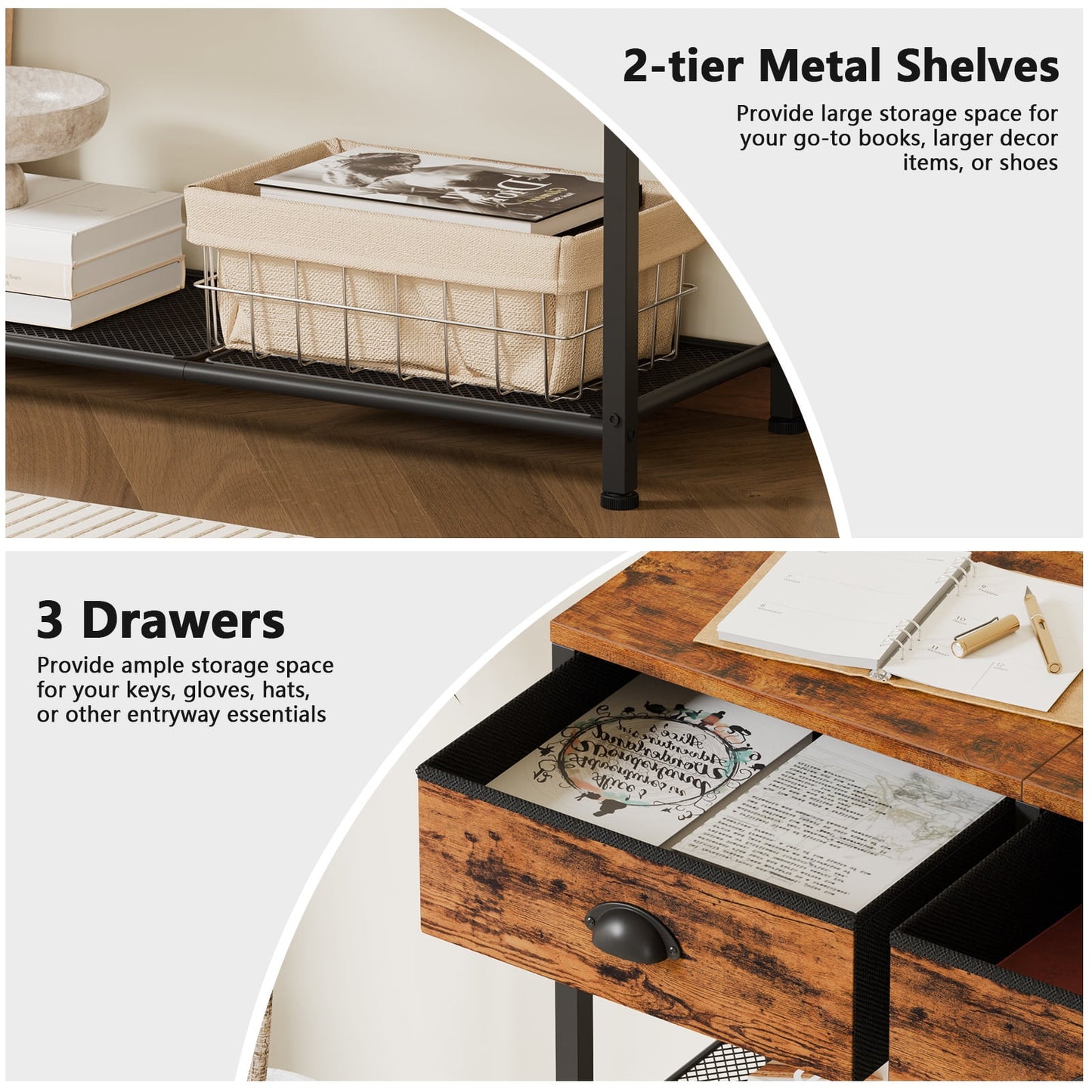Satifur 38 Inch Extra Long Entryway Table with Upgraded Fabric Drawers Console Table Metal Frame Sofa Table with Bottom Shelf for Living Room and Hallway