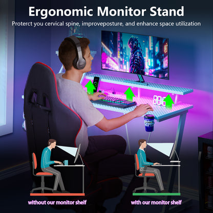 Satifur 47" Carbon Fiber Gaming Desk L-Shaped Computer Desk, RGB Lights & Power Outlets, White