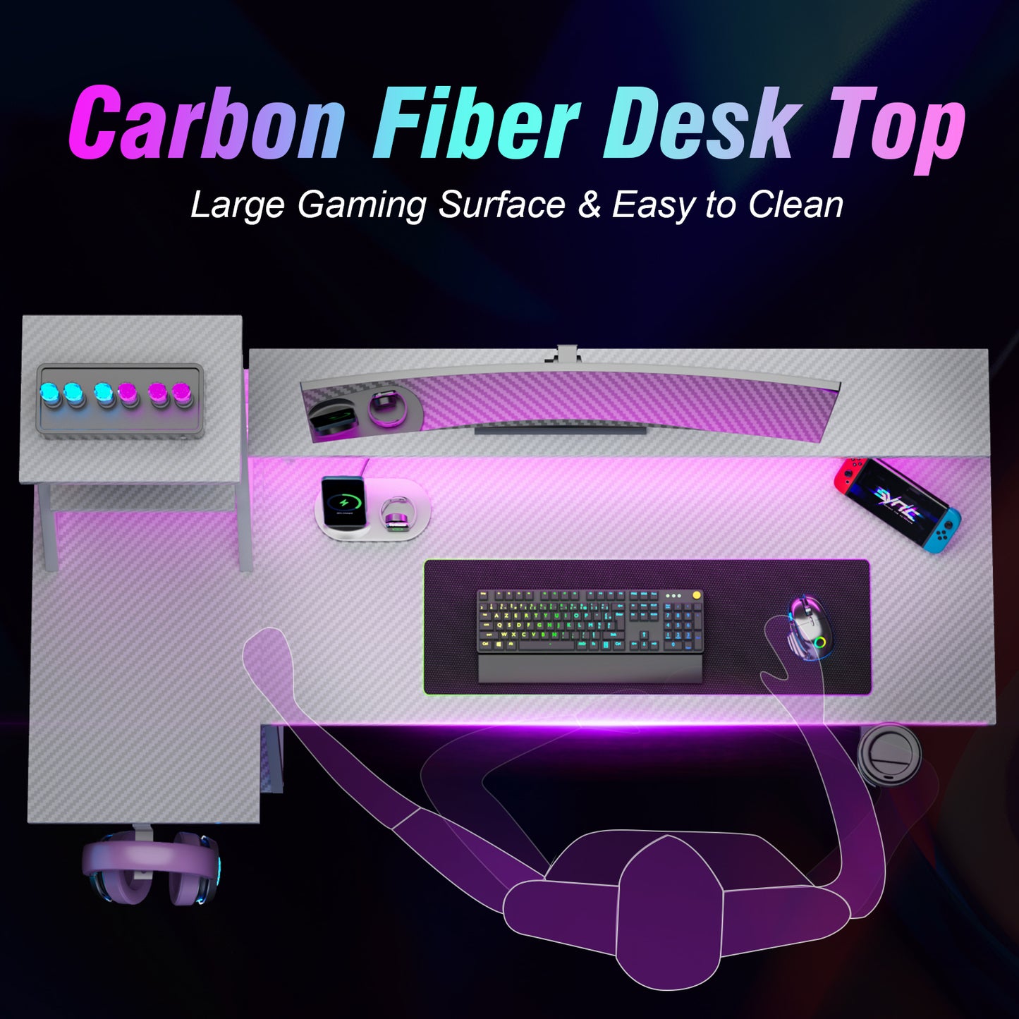 Satifur 47" Carbon Fiber Gaming Desk L-Shaped Computer Desk, RGB Lights & Power Outlets, White