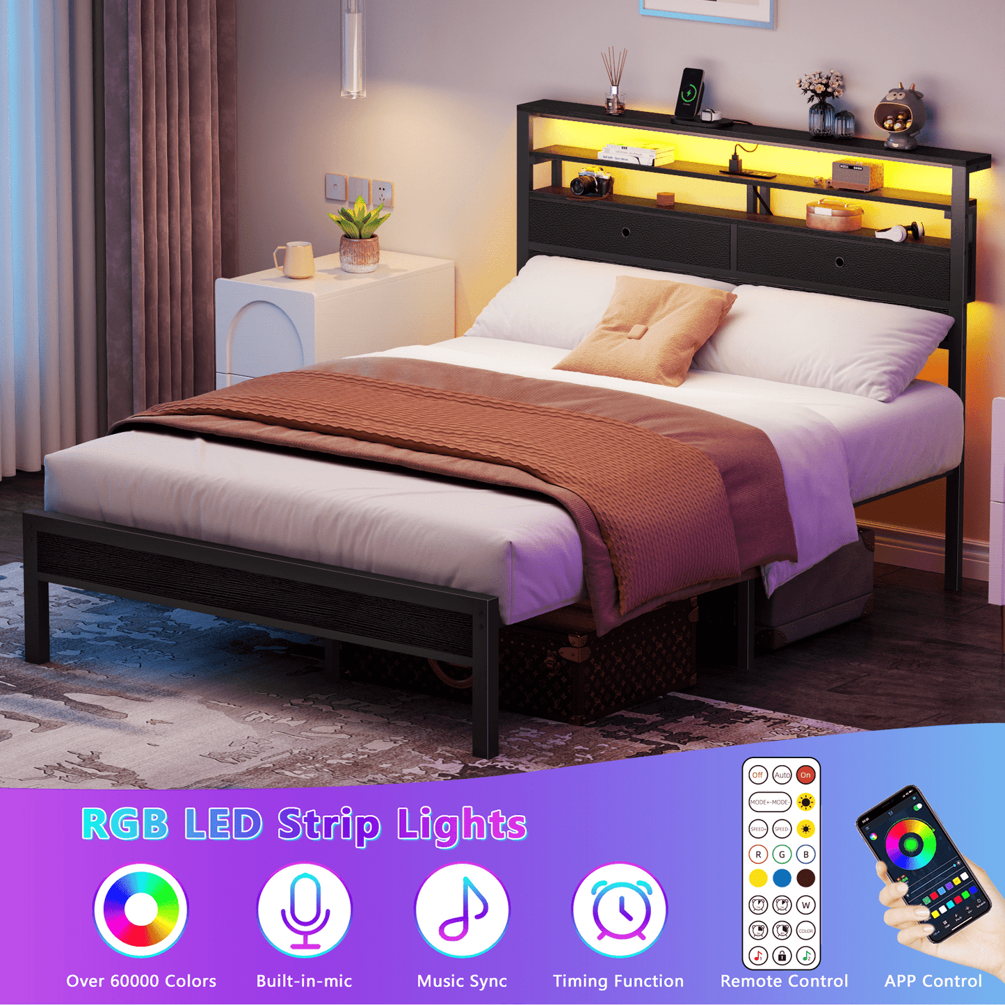 Tydimor Full Size Bed Frame with 2 Storage Drawers Headboard, LED & Charging Station, Black oack