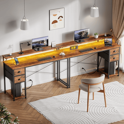 Satifur Computer Desk with Power Outlets & LED Lights, Home Office Desk with 2 Drawers, LED Change Colors Standing Gaming Desk, Rustic Brown