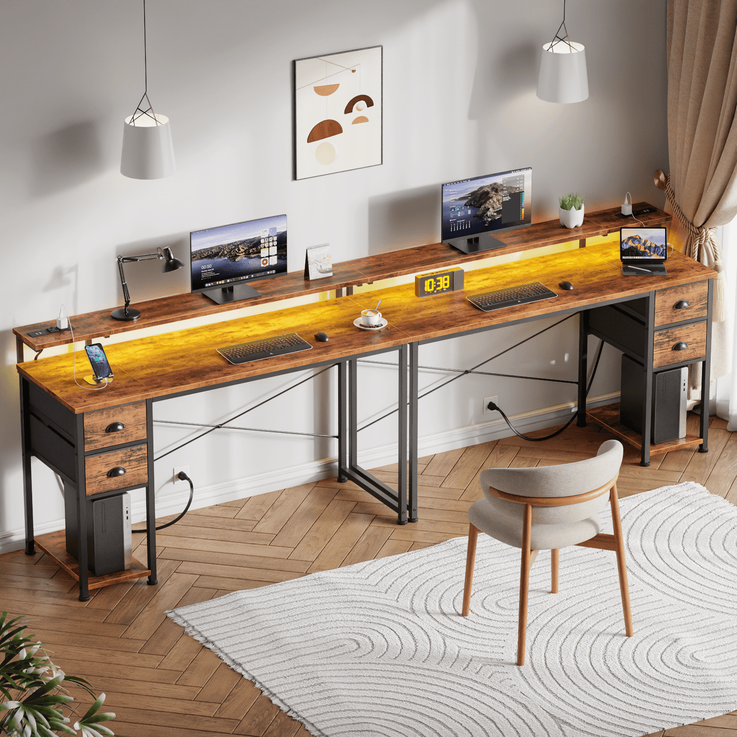 Hexmn Smart Computer Gaming Desk with Power Outlets & LED Lights, Standing Office Desk with Fabric Drawers for Home