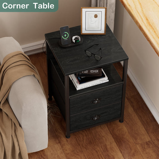 Satifur Nightstand Set of 2, Side End Table with Charging Station, Black Oak