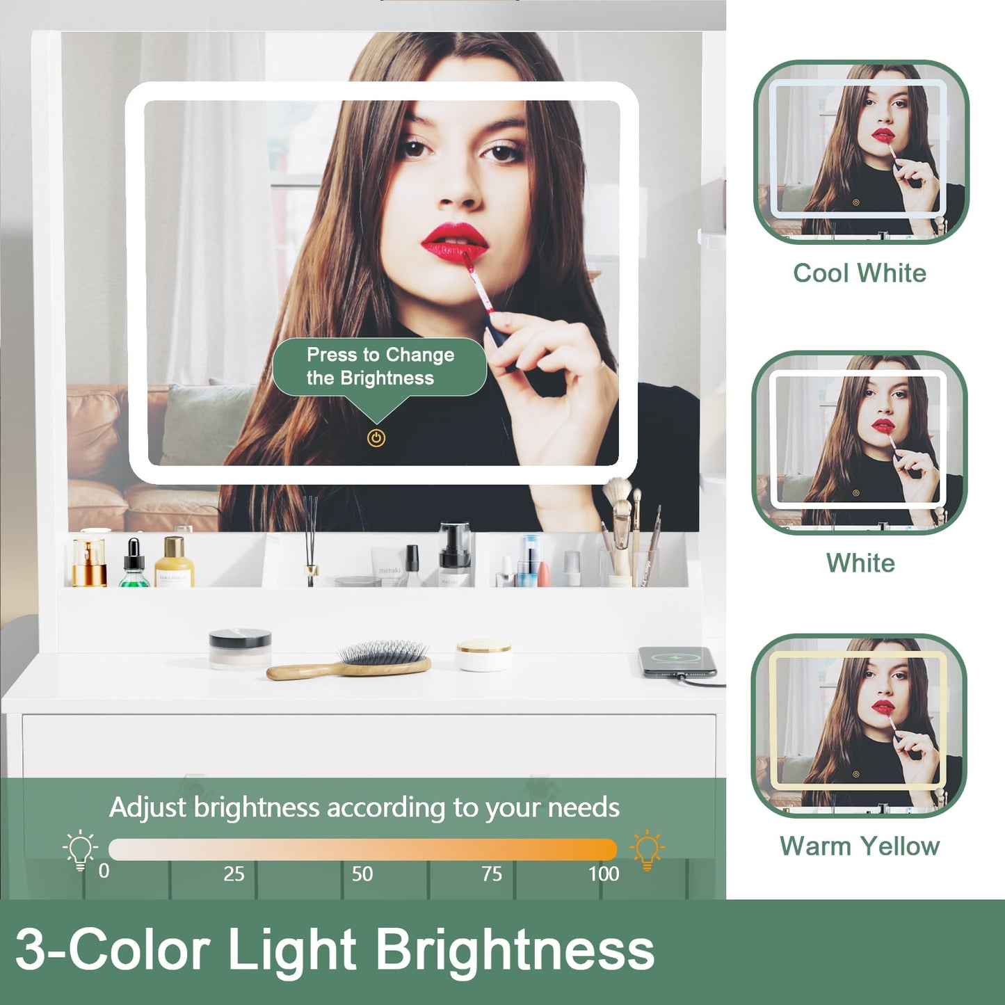 Tydimor Vanity Set with Mirror & Lights, Women Makeup Table with Charging Station, Sturdy Dressing Desk with Drawers & Stool