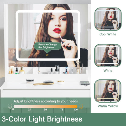 Tydimor Vanity Set with Mirror & Lights, Women Makeup Table with Charging Station, Sturdy Dressing Desk with Drawers & Stool