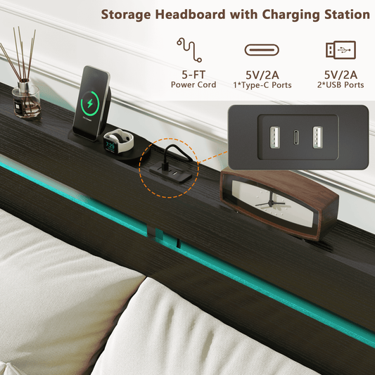 Tydimor Queen Size Bed Frame with 2 Drawers & LED Lights & Charging Station, Beds with Headboard & 10.10" Under Bed Storage, No Box Spring Needed, Easy Assembly, Black