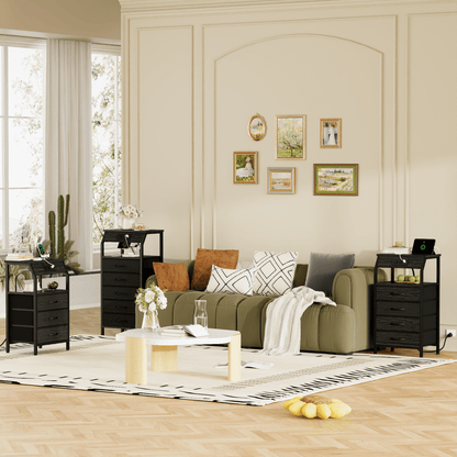 Satifur Nightstand with Charging Station, Bedside Dresser with 5 Fabric Drawers and Storage Shelves for Bedroom, Black Oak