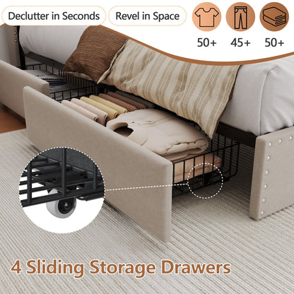 Tydimor Queen Bed Frame with Charging Station, Queen Upholstered Rivet Storage Headboard Platform Beds, Noise-Free, Easy Assembly, Beige