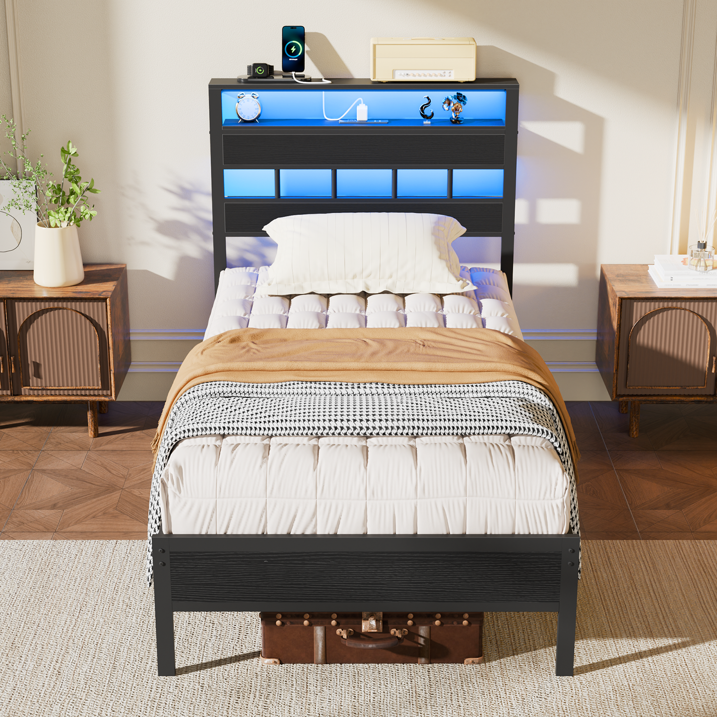 Satifur Twin Size Bed Frame with Storage Headboard and LED Light, Platform Bed with Metal Slats, Noise Free Design
