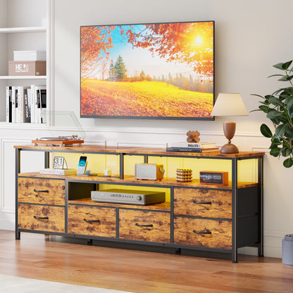 Tydimor 63 Inch TV Stand with LED Lights & Charging Power Station, 6 Fabric Drawer Dresser, Multifunctional Media Console, Sideboard Storage Cabinet, Entryway Hallway Table Fits 32-70 Inch TV