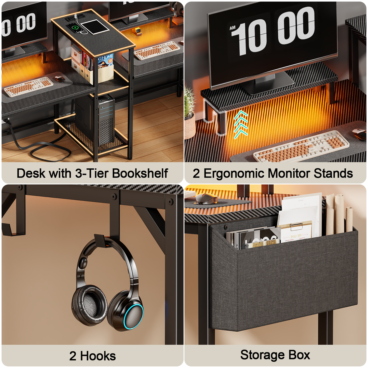 Satifur 71 Inch 2 Person Gaming Desk with Storage Shelves, Double Home Office Computer Writing Desks with USB Charging Port & LED Lights,Black