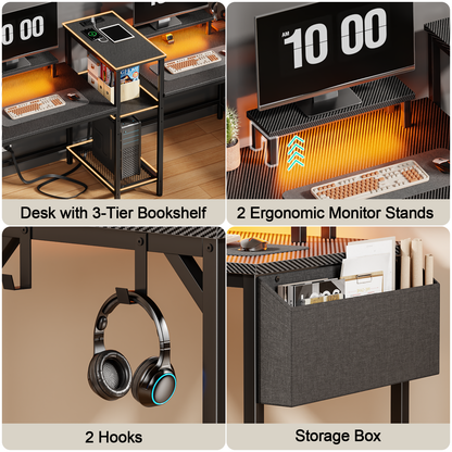 Satifur 71 Inch 2 Person Gaming Desk with Storage Shelves, Double Home Office Computer Writing Desks with USB Charging Port & LED Lights,Black