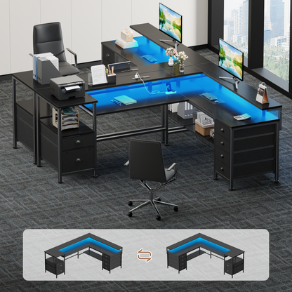 Sarifur L Shaped Computer Desk with Charging Station and LED Lights, 66 inch PC Table Study Desk 6 Drawers for Bedroom,Office Black