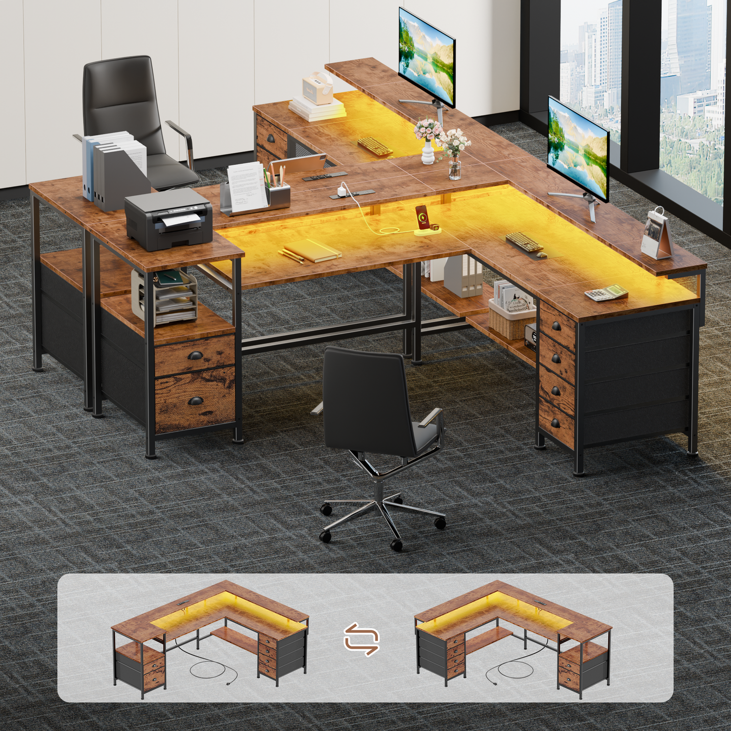 Sarifur L Shaped Computer Desk with Charging Station and LED Lights, 66 inch PC Table Study Desk 6 Drawers for Bedroom,Office Rustic Brown