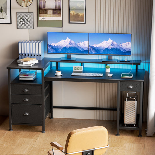 Satifur Computer Desk with 4 Drawers, 61 Inch Reversible Desk with Led Lights & Power Outlet, Home Office Desk with File Drawer & Monitor Stand, Black