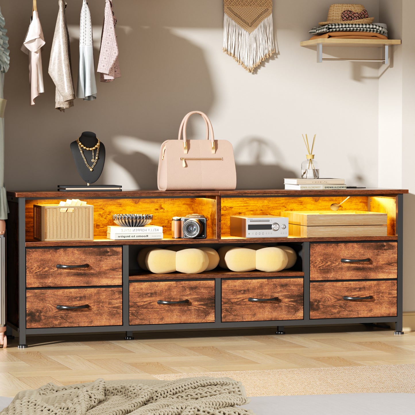 Tydimor Modern TV Stand for TVs up to 65", Media Console with 6 Drawers for Living Room, Entertainment Center with LED lights & Outlets, Rustic