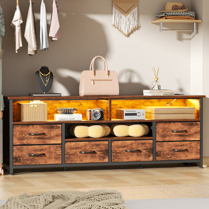 Tydimor Modern TV Stand for TVs up to 65", Media Console with 6 Drawers for Living Room, Entertainment Center with LED lights & Outlets, Rustic