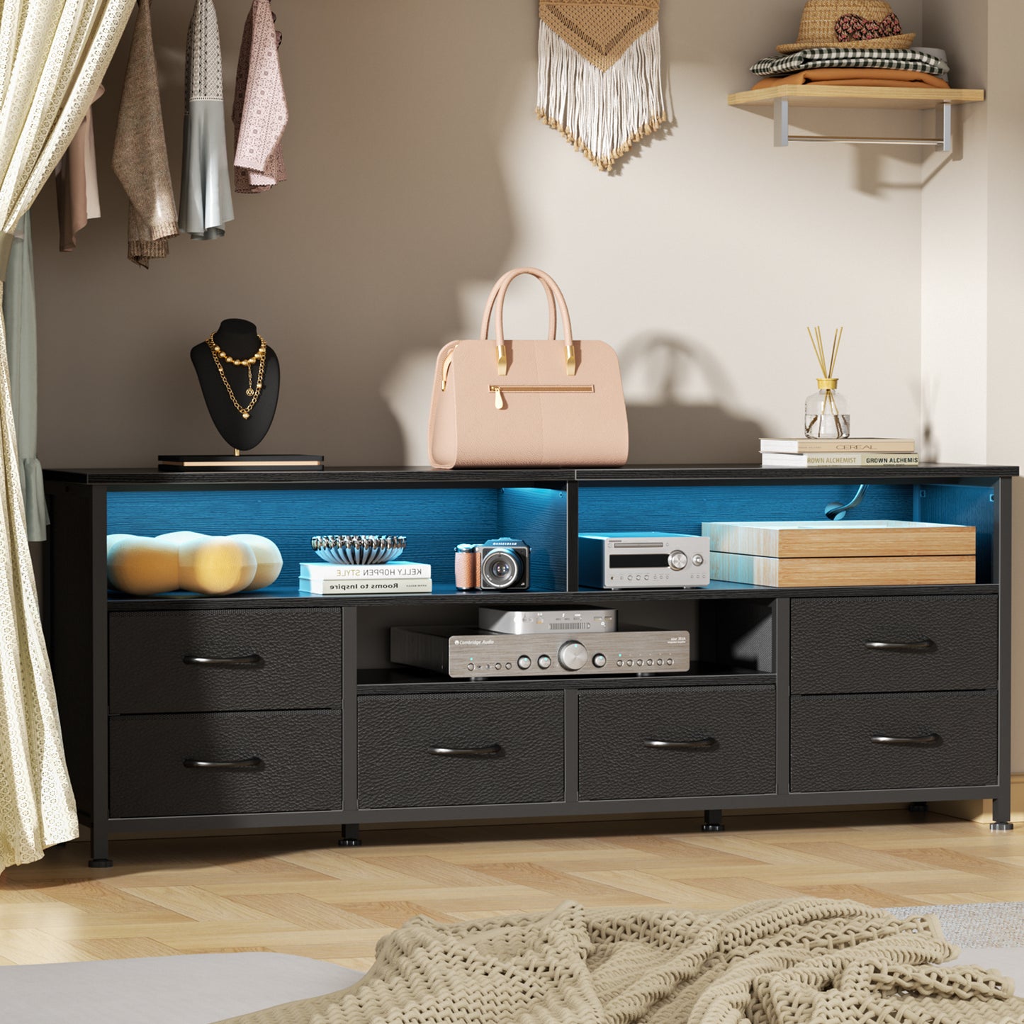 Tydimor Modern TV Stand for TVs up to 65", Media Console with 6 Drawers for Living Room, Entertainment Center with LED lights & Outlets, Black