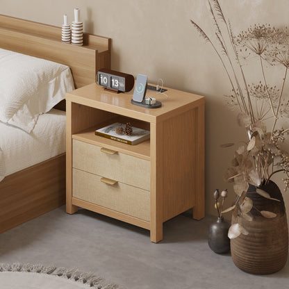 Satifur Nightstand Set of 2 with Rattan Style Finish & Charging Station, 2-Drawer Bedside Table with Open Shelf, for Bedroom Living Room, Natural Oak