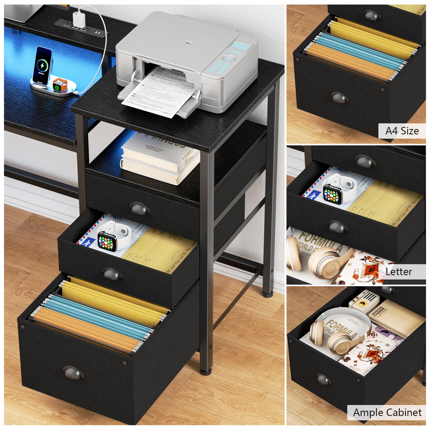 Satifur Computer Desk with 4 Drawers, 61 Inch Reversible Desk with Led Lights & Power Outlet, Home Office Desk with File Drawer & Monitor Stand, Black