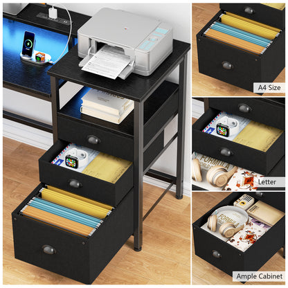 Satifur Computer Desk with 4 Drawers, 61 Inch Reversible Desk with Led Lights & Power Outlet, Home Office Desk with File Drawer & Monitor Stand, Black