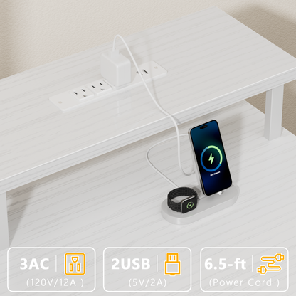 Satifur Gaming Desk with LED Lights & Power Outlets, 47" Computer Desk with 5 Fabric Drawers & Open Storage, Reversible Home Office Desk,White