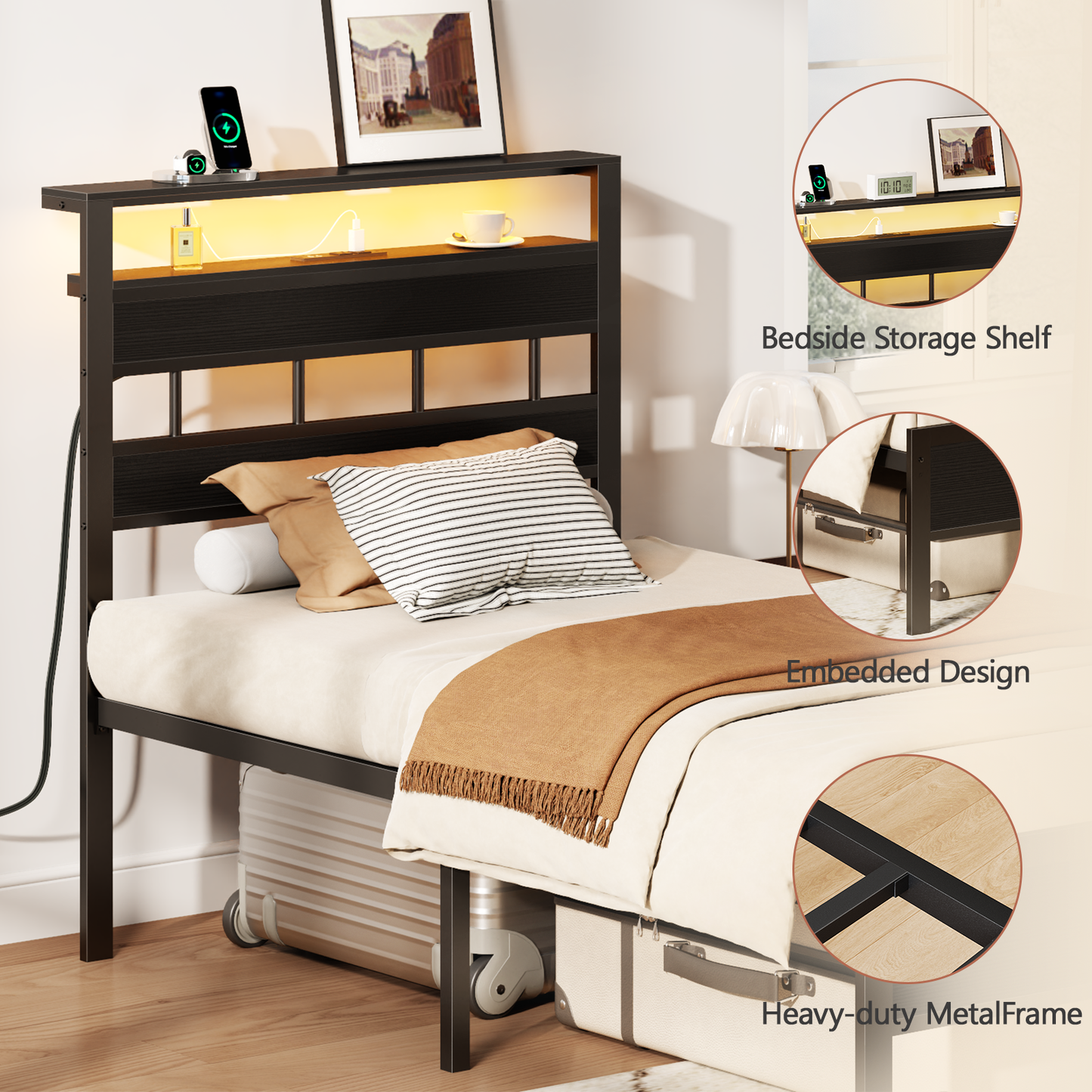 Satifur Twin Size Bed Frame with Storage Headboard and LED Light, Platform Bed with Metal Slats, Noise Free Design