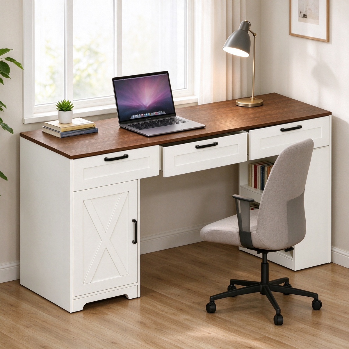 Satifur 55 inch Farmhouse Computer Desk with Power Outlet, Home Office Desk with 3 Drawers & Storage Cabinet, Walnut Brown and White