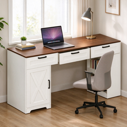 Satifur 55 inch Farmhouse Computer Desk with Power Outlet, Home Office Desk with 3 Drawers & Storage Cabinet, Walnut Brown and White