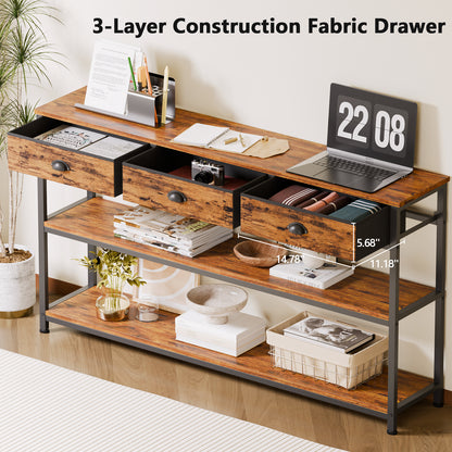 Satifur 47" Entryway Table with 4 Fabric Drawers, Console Table Metal Frame Sofa Table with 2 Shelves for Living Room and Hallway,Brown