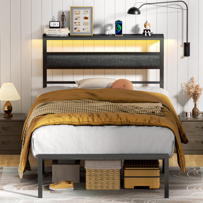 Satifur Twin Size Bed Frame with Upholstered Headboard & Shelf, LED Lights & USB Charging Station, Metal Black