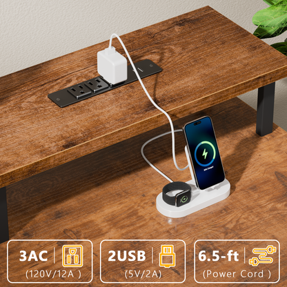 Satifur Gaming Desk with LED Lights & Power Outlets, 61" Computer Desk with 5 Fabric Drawers & Open Storage, Reversible Home Office Desk,Retro Brown