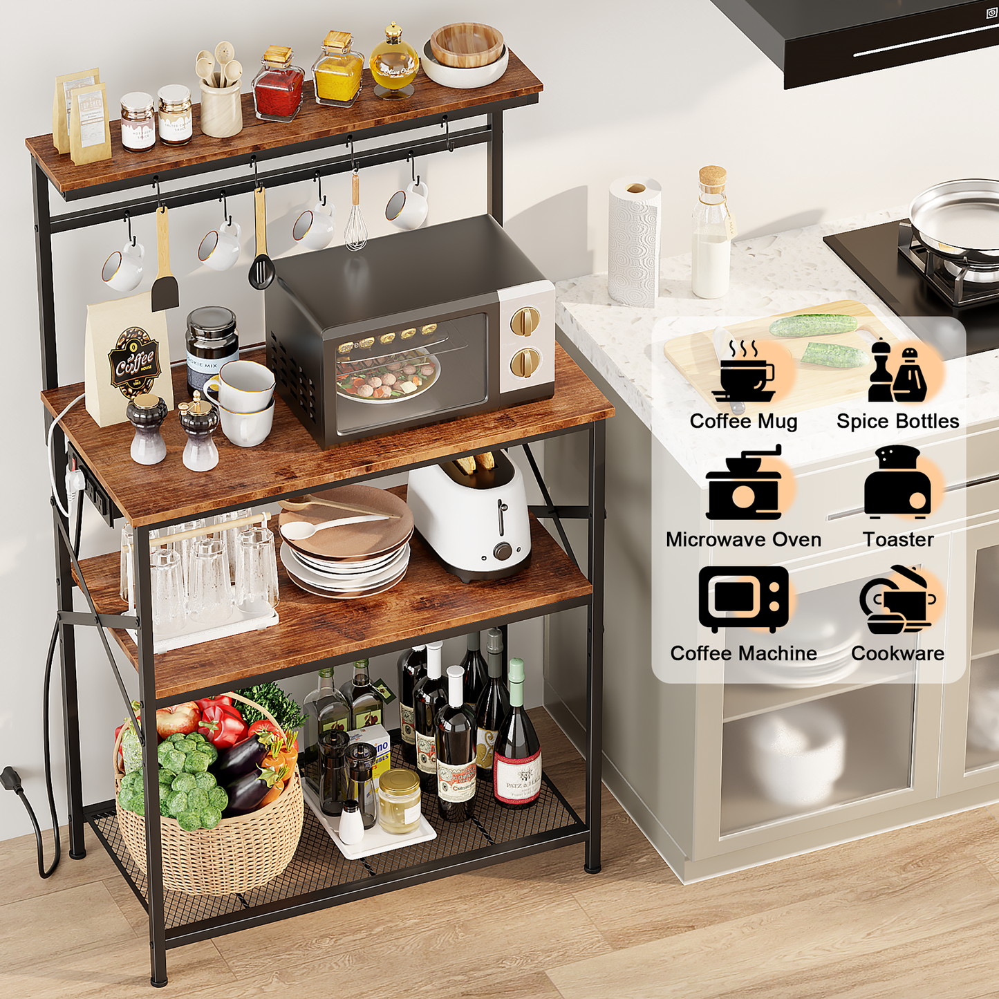 Tydimor Bakers Rack with Power Outlet, Kitchen Microwave Stand, 4-Tier Coffee Bar Table, Space-Saving Kitchen Storage Shelf, Rustic Brown