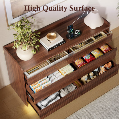 Satifur 6-Drawer Dresser with Charging Station & LED Lights, Modern Wooden Storage Cabinet & Chest of Drawers for Bedroom and Living Room, American Walnut