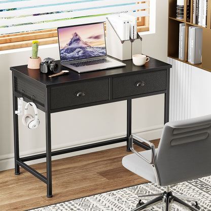 Satifur Computer Desk with Drawers & Hooks, 34" Writing Desk with 2 Fabric Drawers for Bedroom, Black