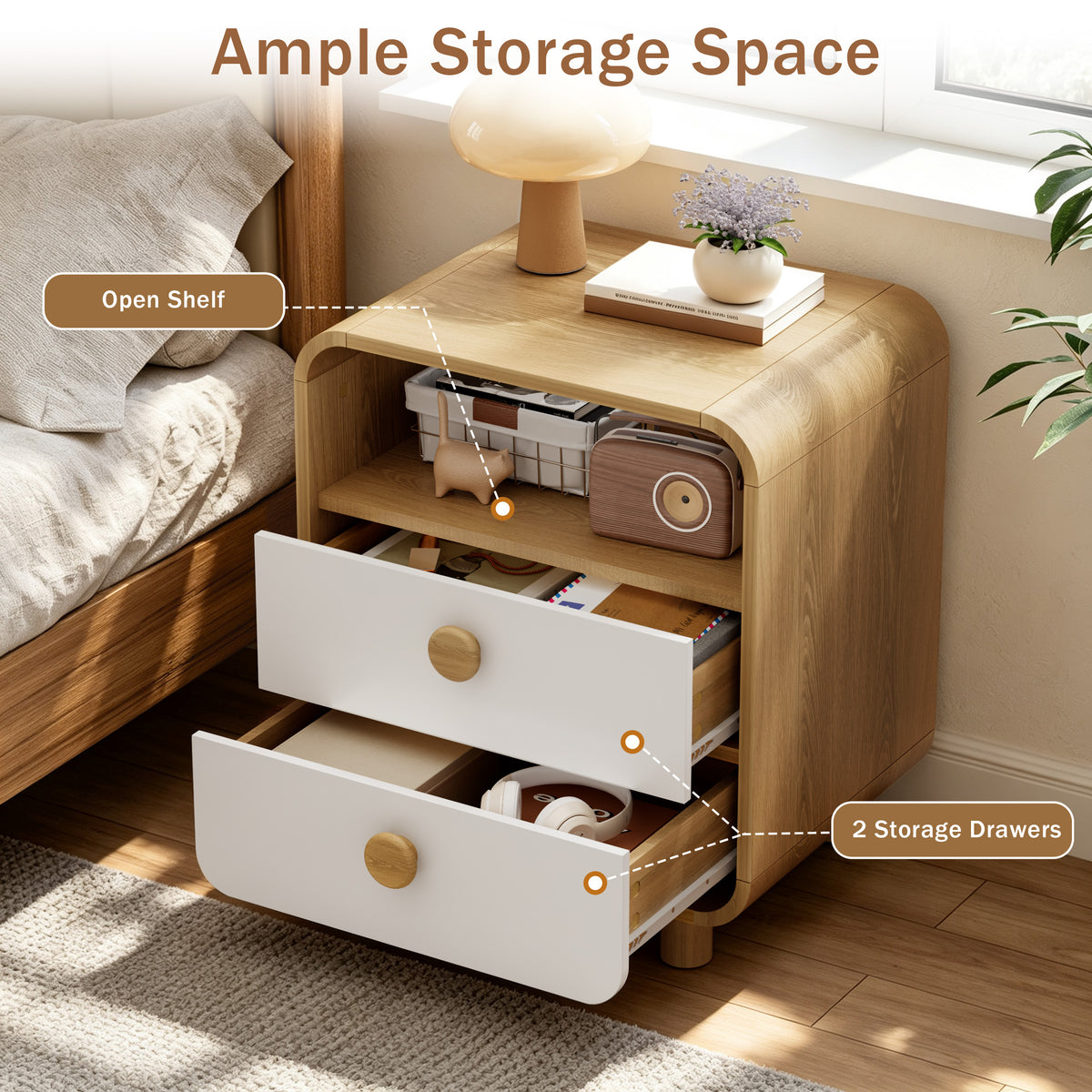 Satifur 6-Drawer Dresser and 2 Pack Nightstand Set, Wide Chest of Drawers Storage Organizer & White Bedside Tables with Open Shelf, Wood Frame Furniture Set for Bedroom, Living Room