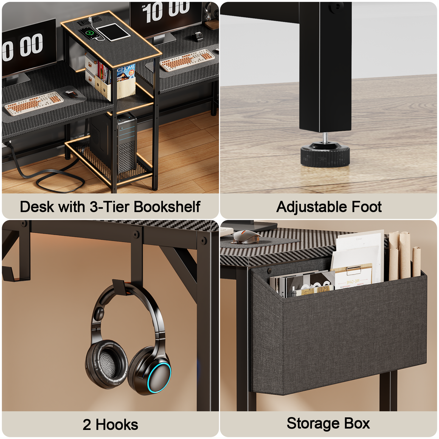 Satifur 71 Inch 2 Person Gaming Desk with Charging Station Home Office Computer Writing Desks with Storage Shelves,Black