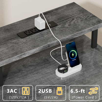 Satifur Gaming Desk with LED Lights & Power Outlets, 47" Computer Desk with 5 Fabric Drawers & Open Storage, Reversible Home Office Desk,Grey