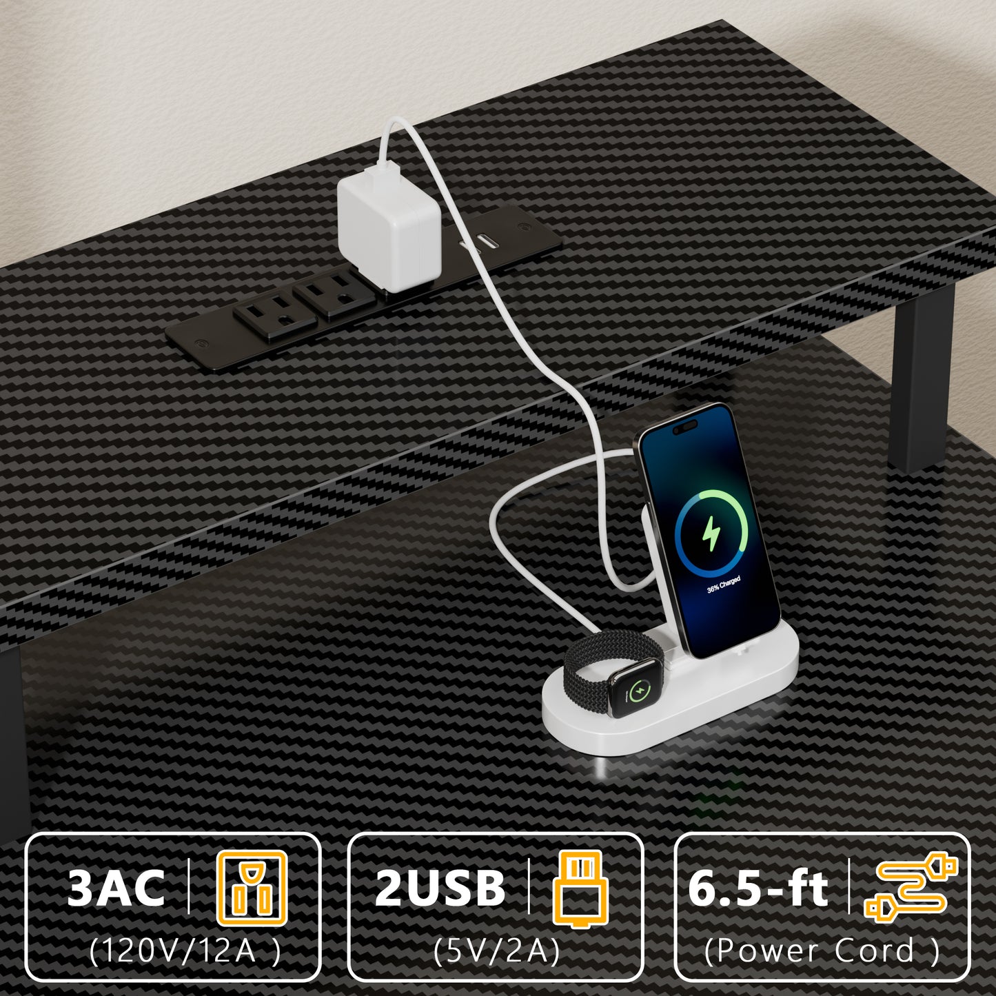 Satifur Gaming Desk with LED Lights & Power Outlets, 55" Computer Desk with 5 Fabric Drawers & Open Storage, Reversible Home Office Desk,Carbon Fiber Black