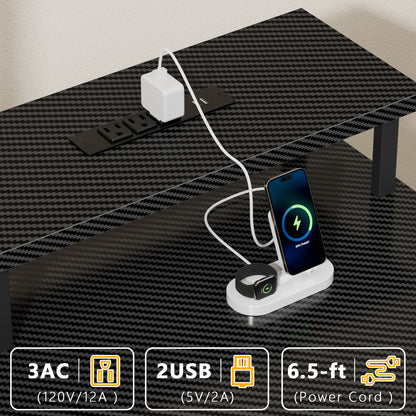 Satifur Gaming Desk with LED Lights & Power Outlets, 55" Computer Desk with 5 Fabric Drawers & Open Storage, Reversible Home Office Desk,Carbon Fiber Black