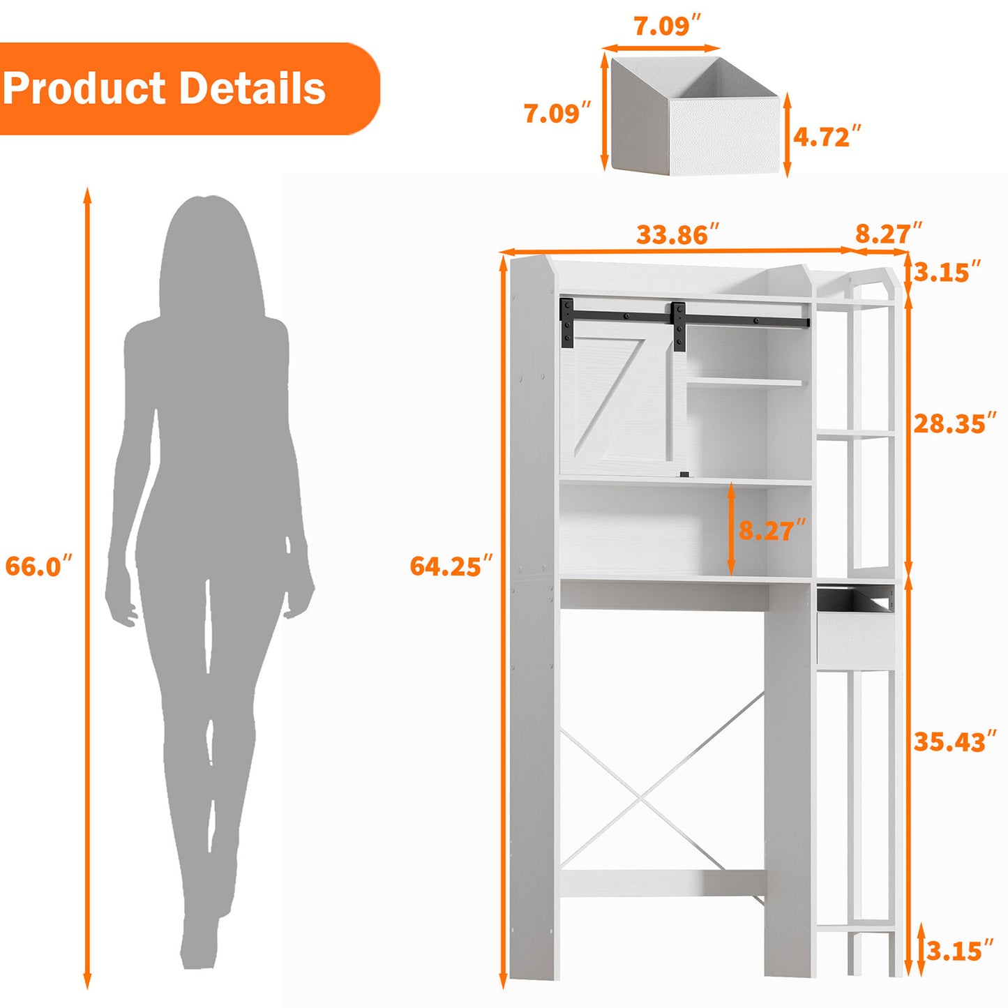 Satifur Over The Toilet Storage Cabinet, Bathroom Space Saver with Sliding Barn Door, 6-Tier Freestanding Bathroom Shelf Farmhouse Organizer, White
