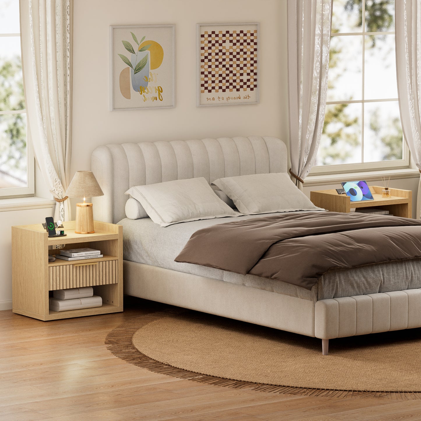 Satifur Modern Fluted Nightstand with Charging Station Storage Drawer, End Table with Open Shelf